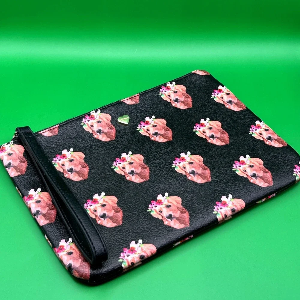 Betsey Johnson Golden Retriever Flower Crown Wristlet Clutch Bag Black Pebbled